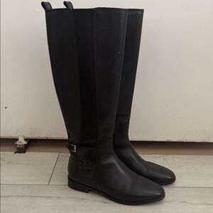 Tory Burch Black Over-The-Knee Riding Boots with Logo Strap